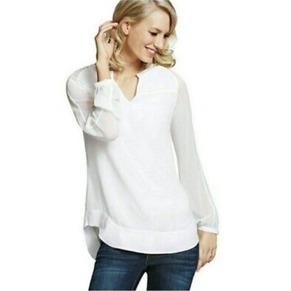CAbi Style 118 Sheer Long Sleeves Collarless Ivory Blouse Medium